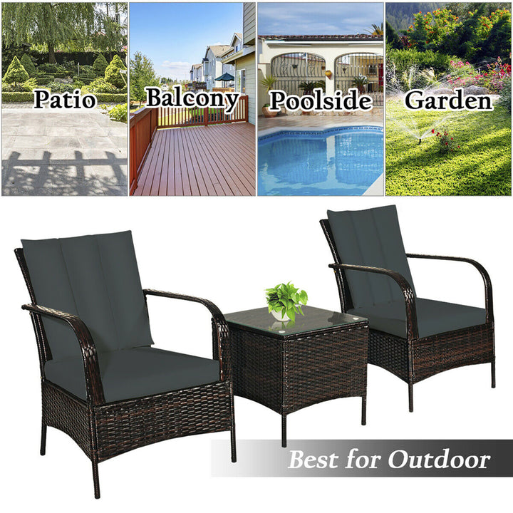 3 PCS Patio Rattan Furniture Set Coffee Table and 2 Rattan Chair W/Gray Cushions Image 6