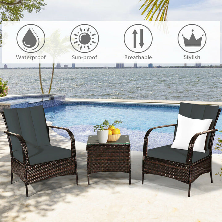 3 PCS Patio Rattan Furniture Set Coffee Table and 2 Rattan Chair W/Gray Cushions Image 7