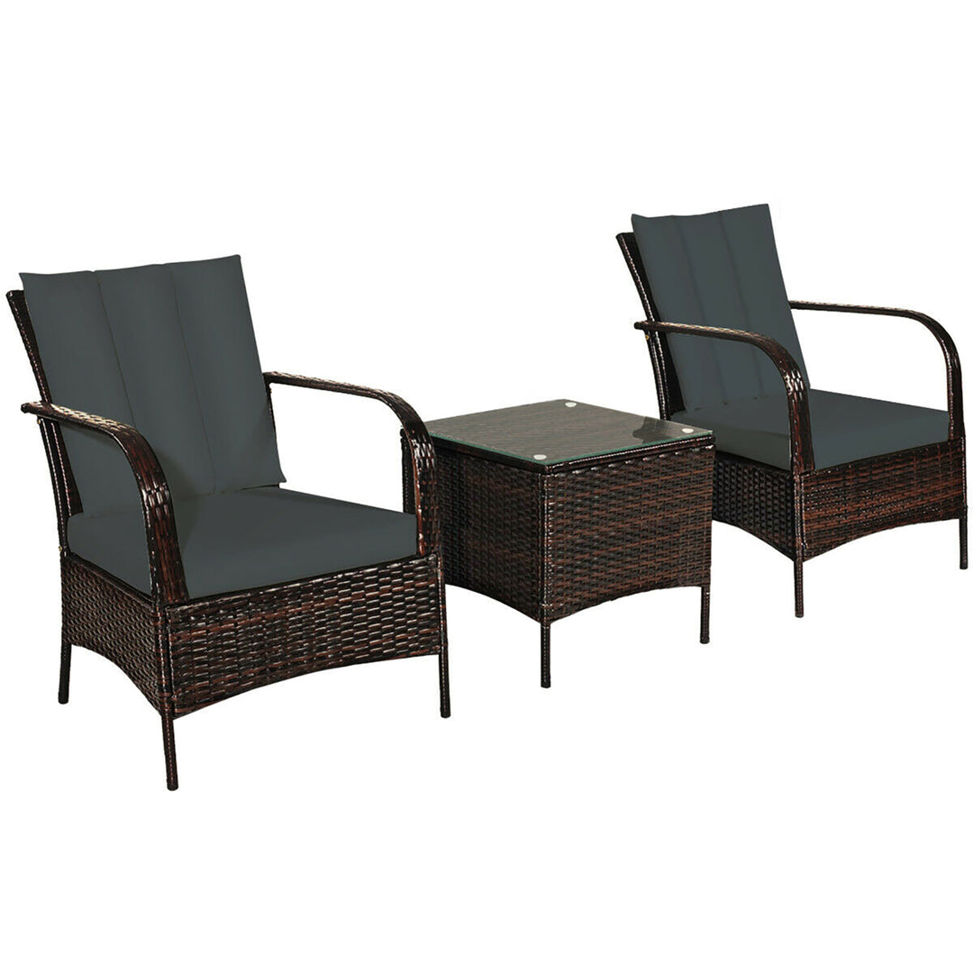 3 PCS Patio Rattan Furniture Set Coffee Table and 2 Rattan Chair W/Gray Cushions Image 9