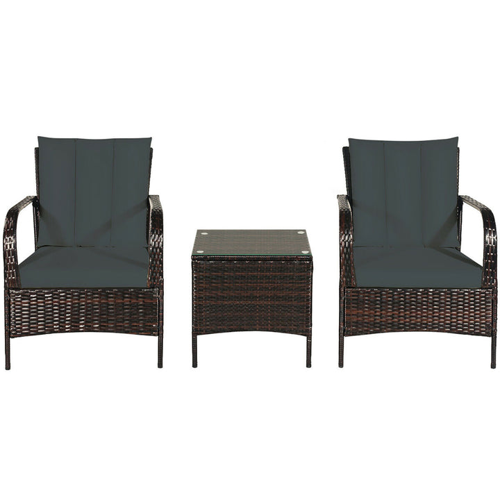 3 PCS Patio Rattan Furniture Set Coffee Table and 2 Rattan Chair W/Gray Cushions Image 10