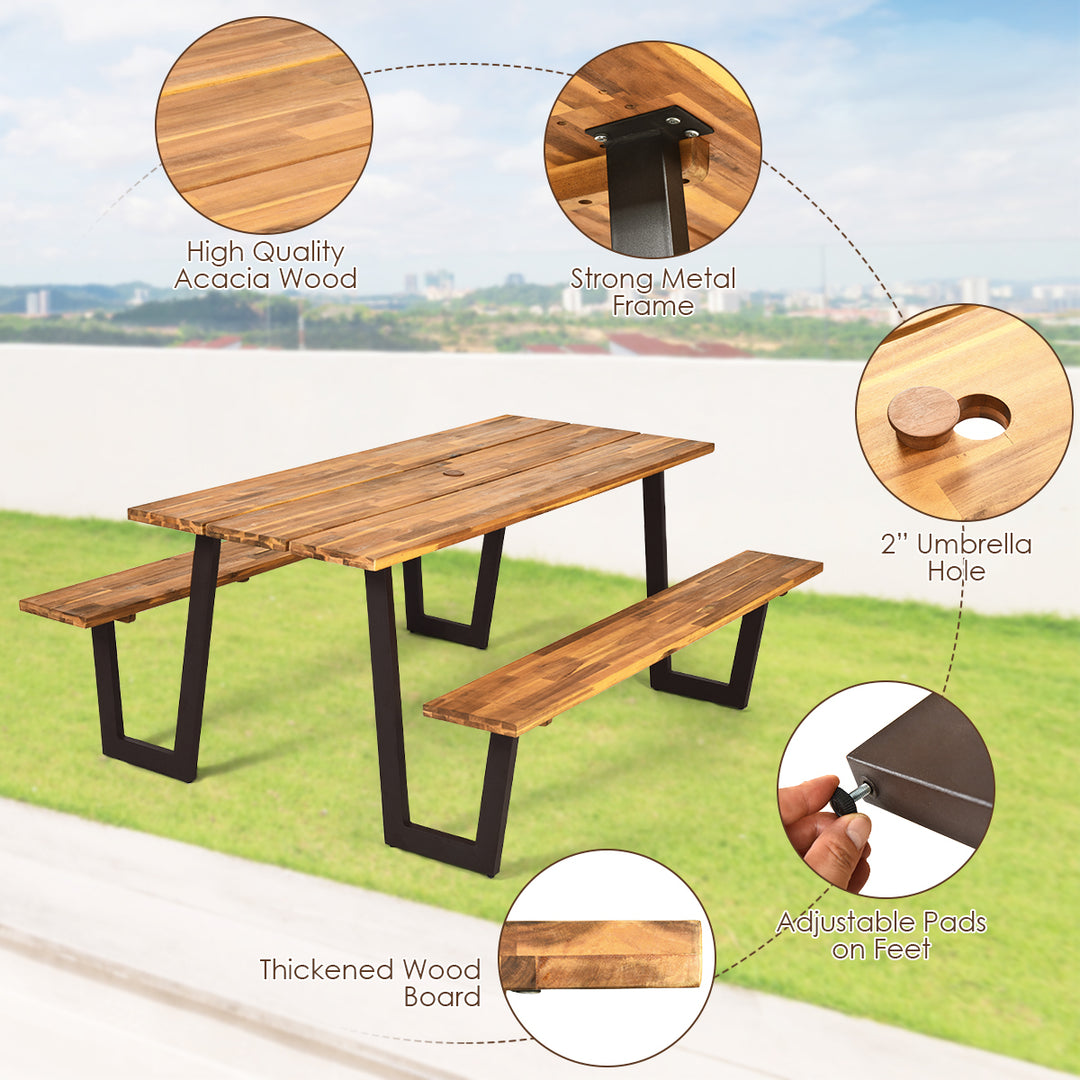 Picnic Table with 2 Benches 70 Dining Table Set with Seats and Umbrella Hole Image 9