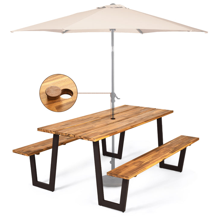 Picnic Table with 2 Benches 70 Dining Table Set with Seats and Umbrella Hole Image 10