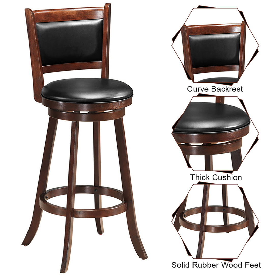 29 Swivel Bar Height Stool Wooden Dining Chair PVC Upholstered Seat Espresso Panel back Image 7