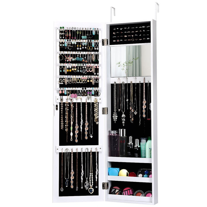 Wall Door Mounted Mirrored Jewelry Cabinet Storage Organizer White Image 10