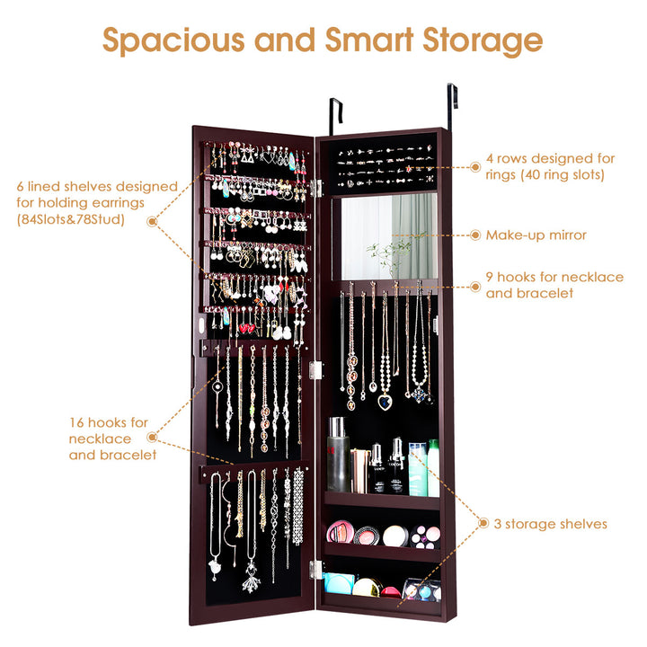 Wall Door Mounted Mirrored Jewelry Cabinet Storage Organizer-Brown Image 6