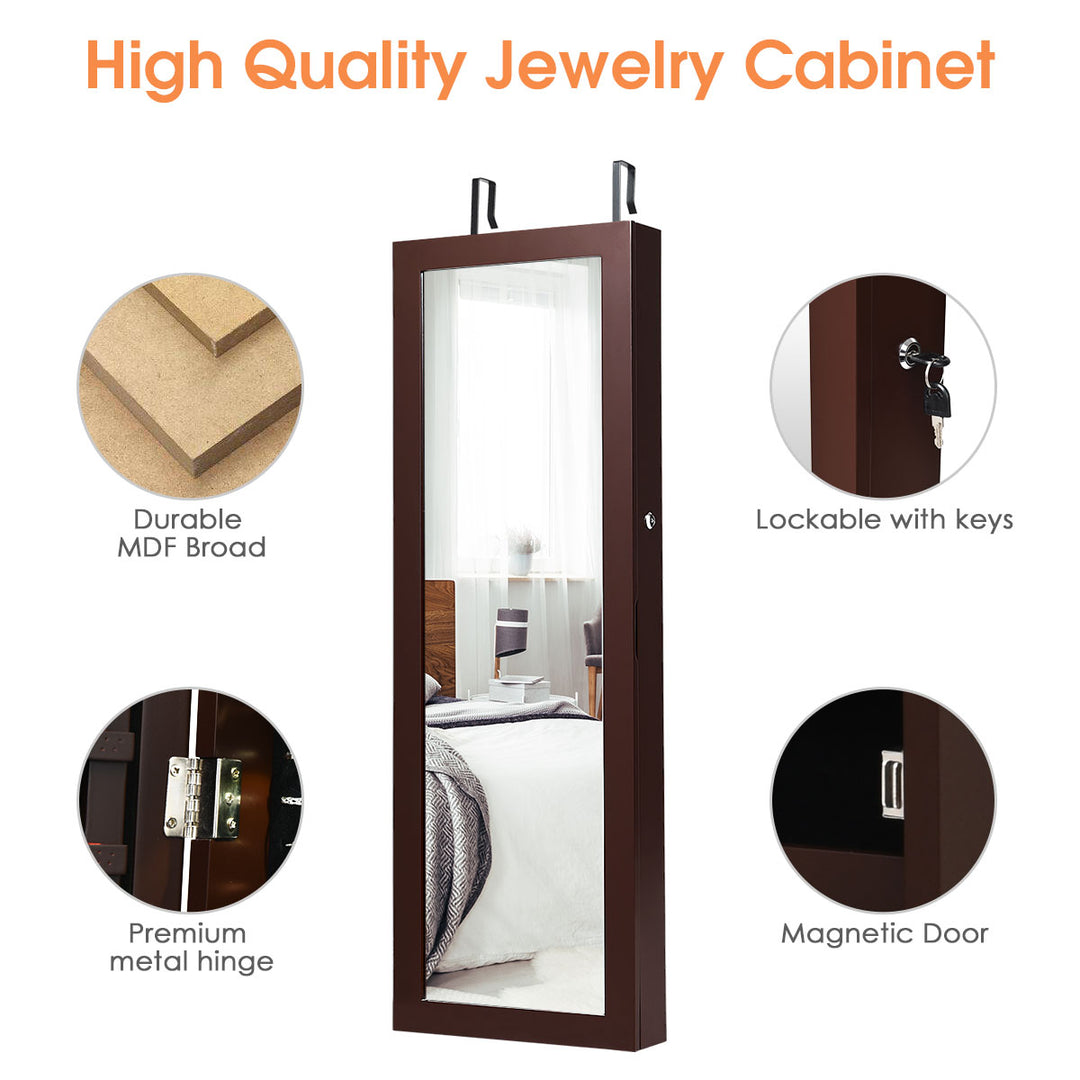 Wall Mount Mirrored Jewelry Cabinet Organizer LED Lights Image 8