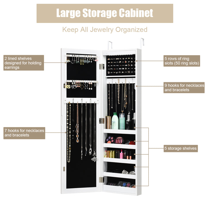 Wall Door Mounted Mirrored Jewelry Cabinet Organizer Storage w/LED Light White Image 6