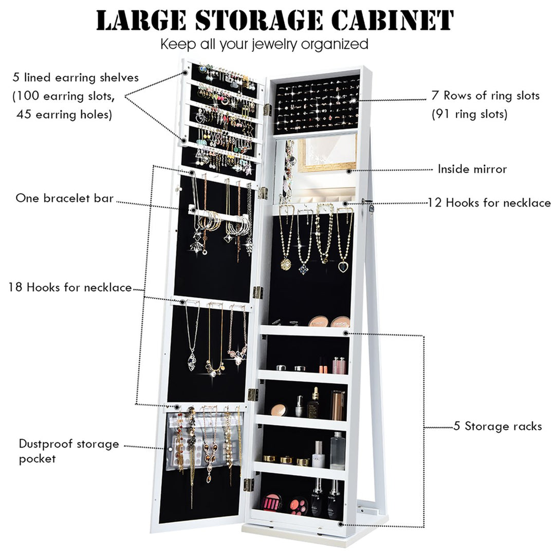 Mirrored Jewelry Cabinet Lockable Standing Storage Organizer W/ Shelf Image 8