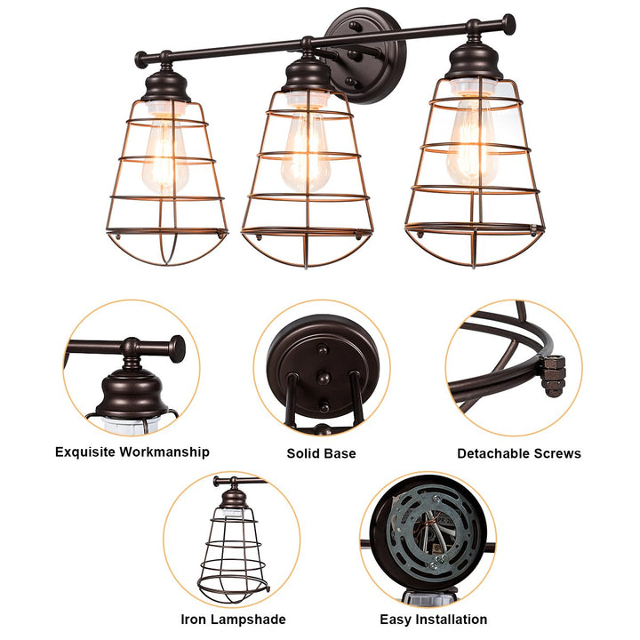 3-Light Vanity Light Metal Wire Cage Wall Sconce Bathroom Fixture Artist Lamp Image 7