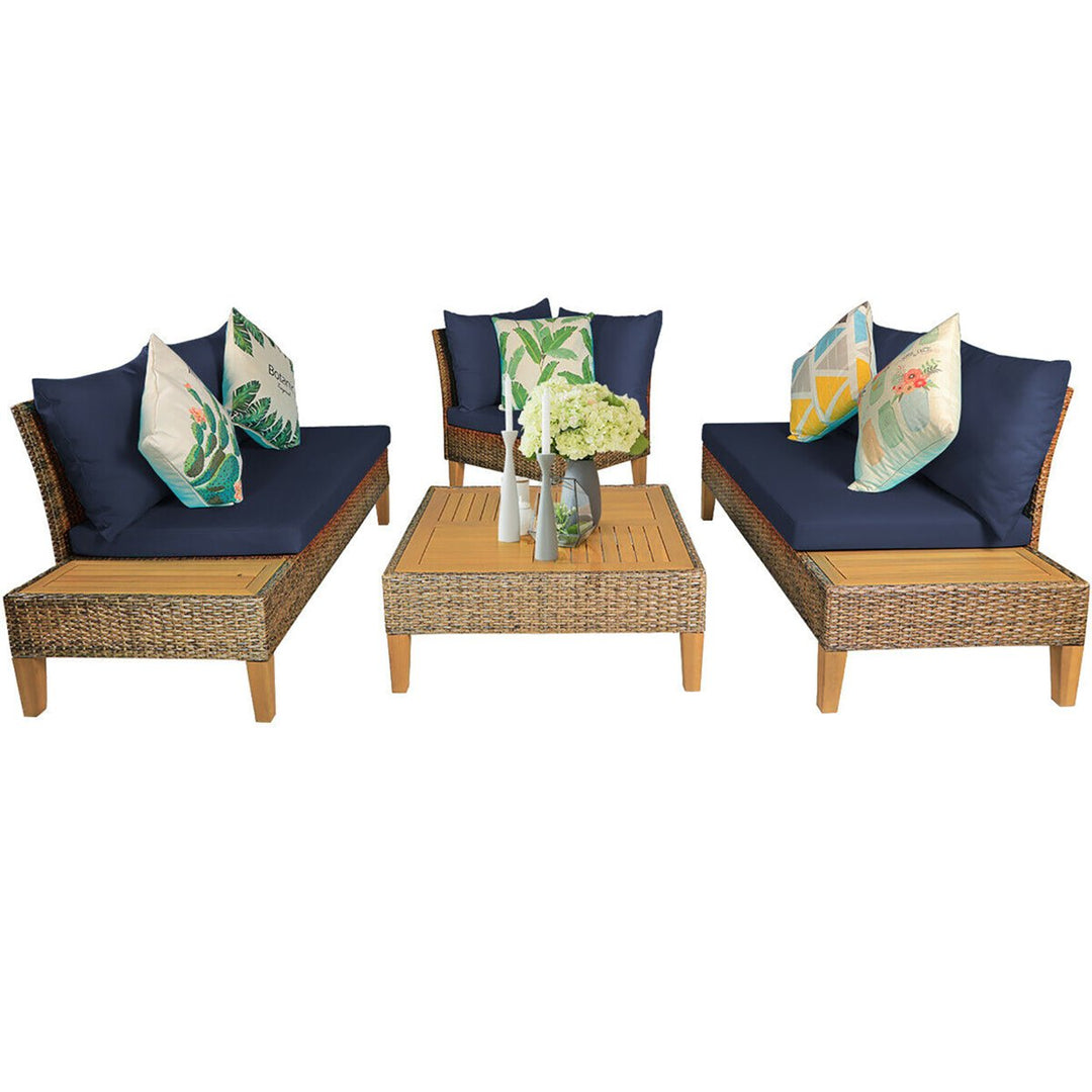 4PCS Patio Rattan Furniture Set Loveseat w/Wooden Side Table Cushioned Navy Image 8