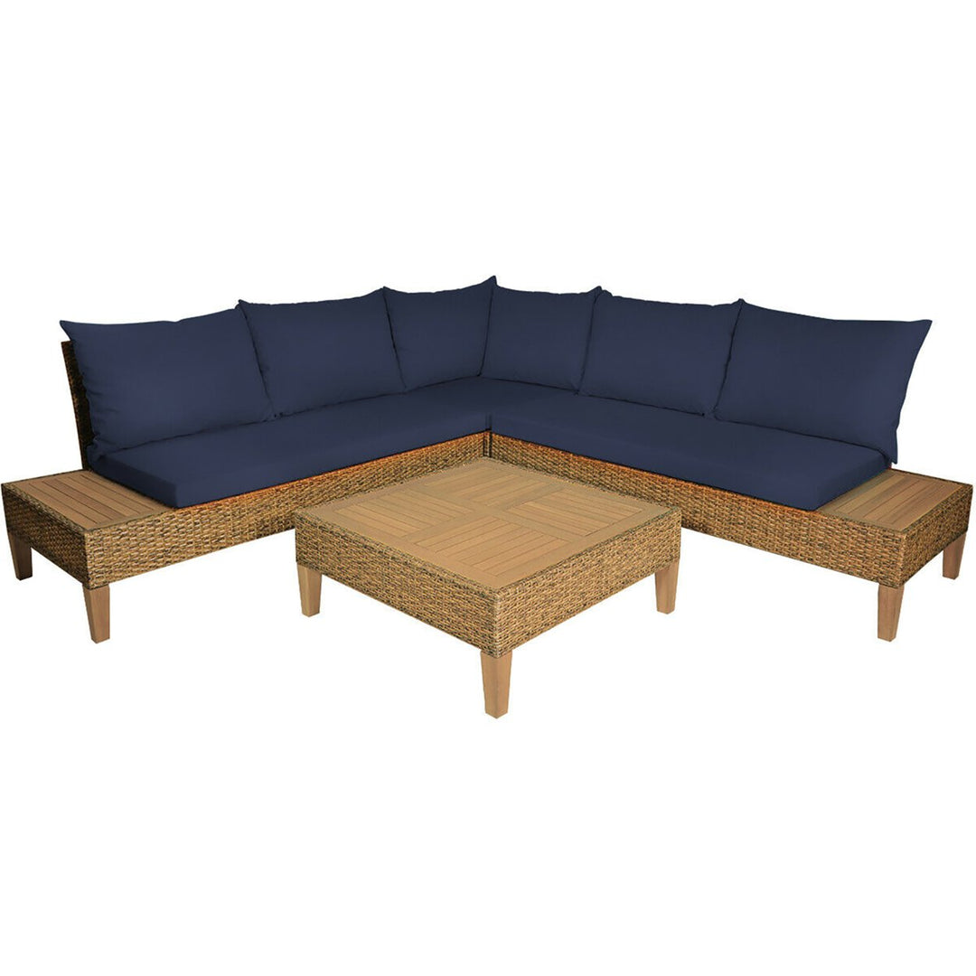 4PCS Patio Rattan Furniture Set Loveseat w/Wooden Side Table Cushioned Navy Image 9