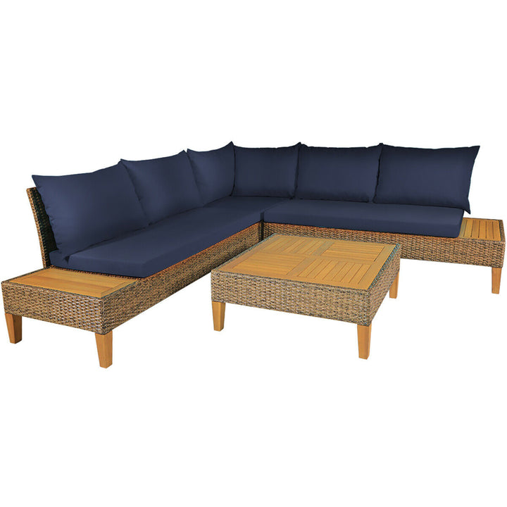 4PCS Patio Rattan Furniture Set Loveseat w/Wooden Side Table Cushioned Navy Image 10