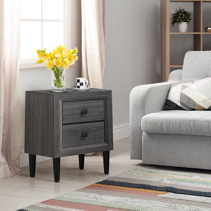 Nightstand W/2 Drawers Multipurpose Retro Grey Bedside Table Fully Assembled Image 6