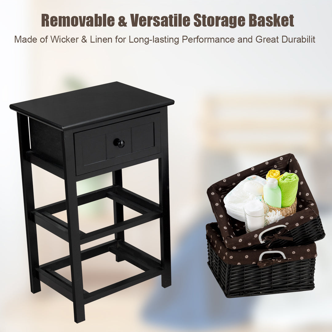 Set of 2 Nightstand 3 Layer 1 Drawer Bedside End Table Wood W/2 Basket Black Image 6