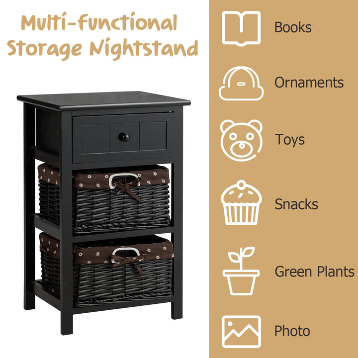 Set of 2 Nightstand 3 Layer 1 Drawer Bedside End Table Wood W/2 Basket Black Image 7