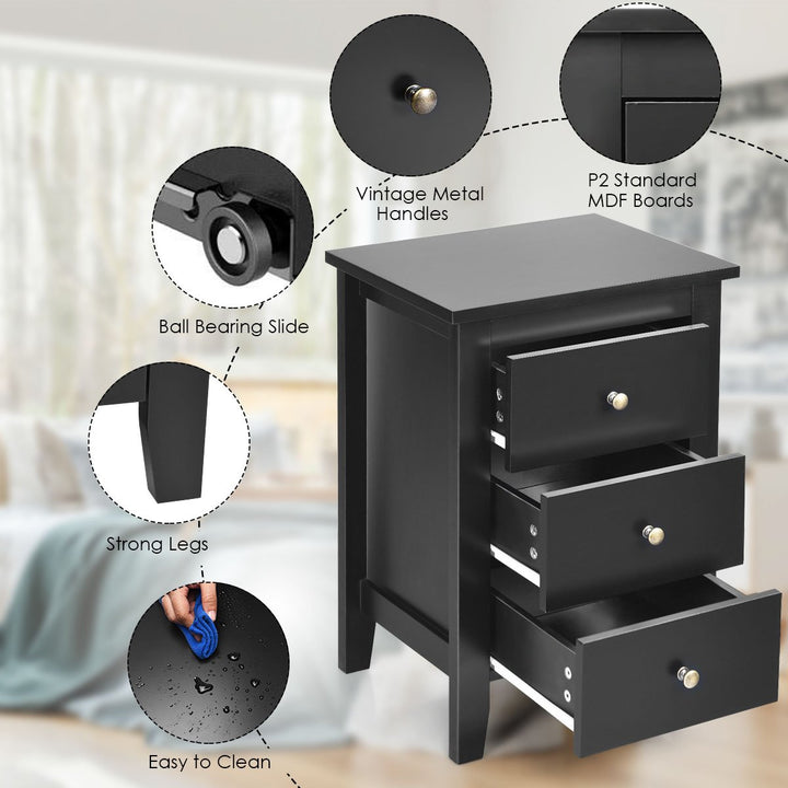 Nightstand End Beside Sofa Table Cabinet w/ 3 Drawers Bedroom Furniture Black Image 7