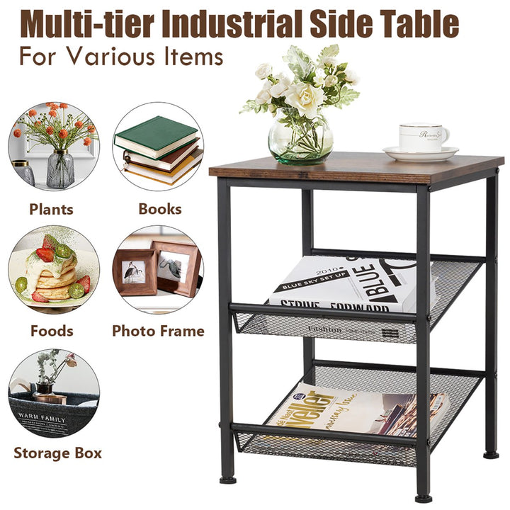 3-Tier Industrial End Side Table Nightstand W/2 Adjustable Shelves Rustic Brown Image 6