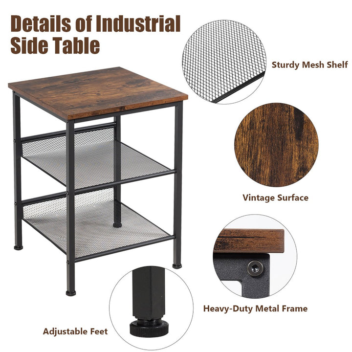 3-Tier Industrial End Side Table Nightstand W/2 Adjustable Shelves Rustic Brown Image 9