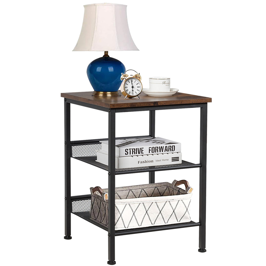 3-Tier Industrial End Side Table Nightstand W/2 Adjustable Shelves Rustic Brown Image 10