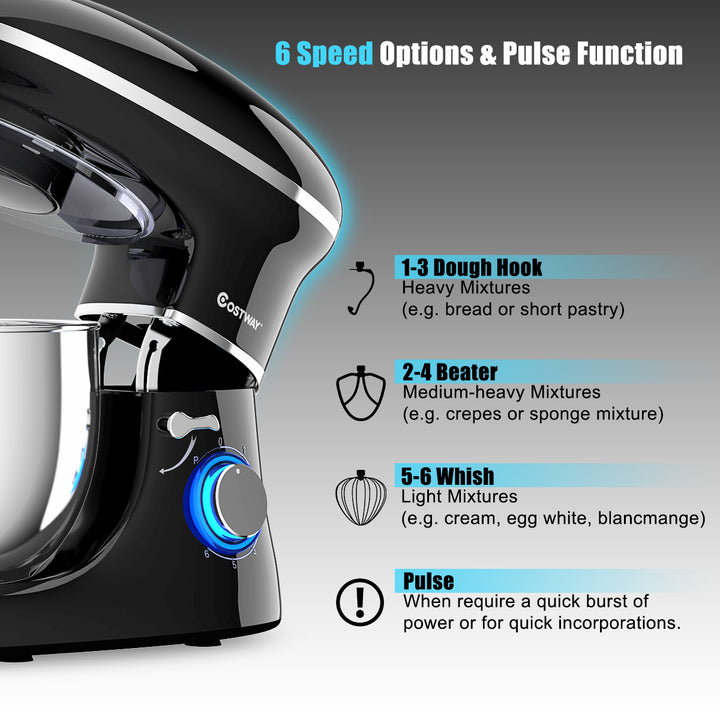 6.3 Quart Tilt-Head Food Stand Mixer 6 Speed 660W w/Dough Hook, Whisk Black Image 7