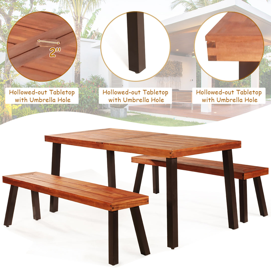 3 Pieces Picnic Table Set Acacia Wood Table Bench with Steel Legs Outdoor Patio Image 6