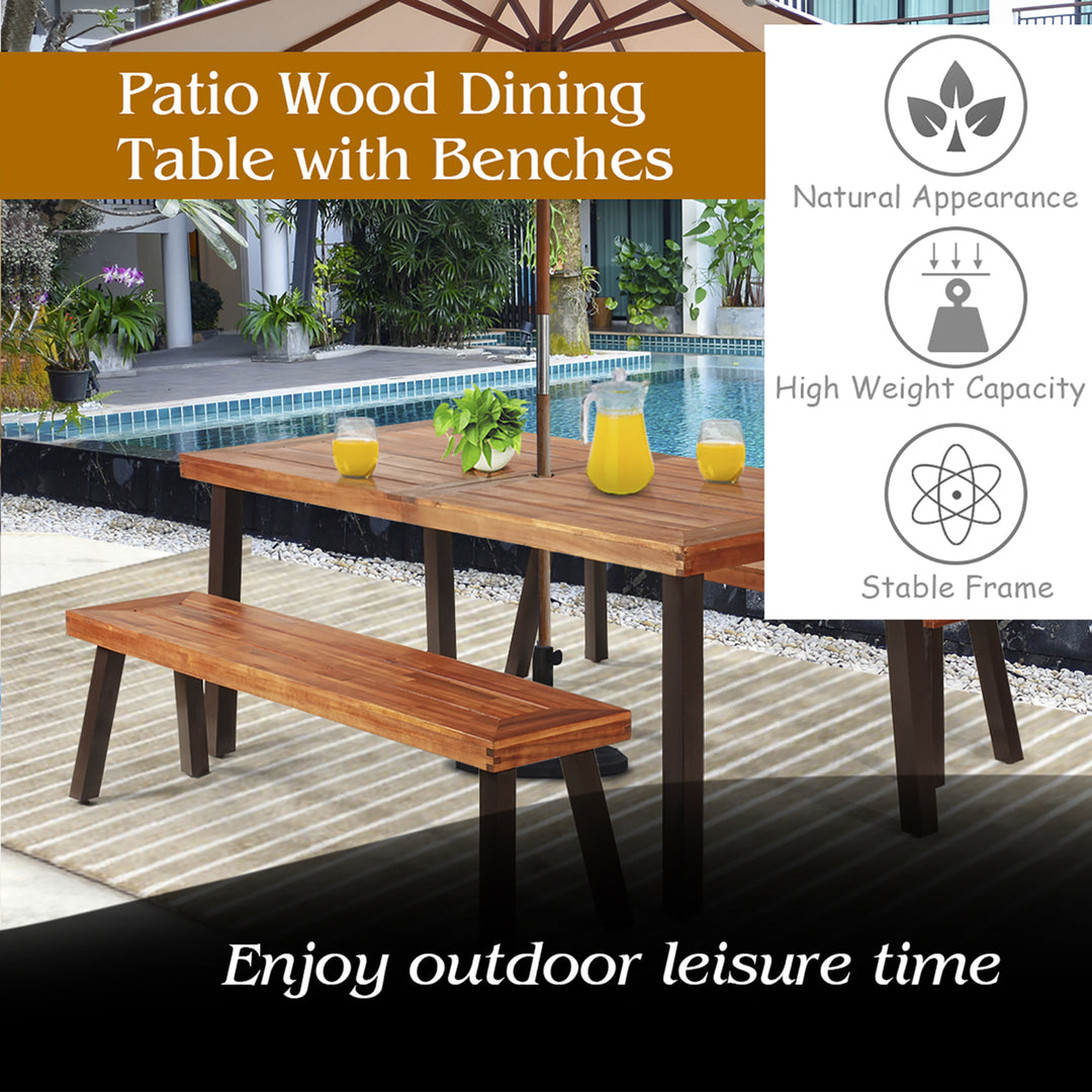 3 Pieces Picnic Table Set Acacia Wood Table Bench with Steel Legs Outdoor Patio Image 7