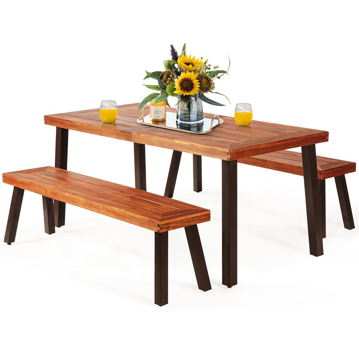 3 Pieces Picnic Table Set Acacia Wood Table Bench with Steel Legs Outdoor Patio Image 10