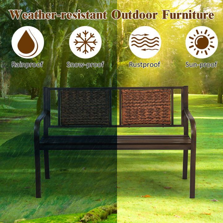 Patio Garden Bench Steel Frame Rattan Backrest Park Yard Outdoor Porch Furniture Image 5