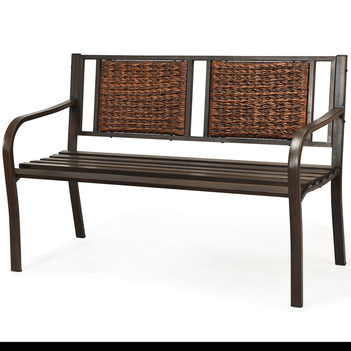 Patio Garden Bench Steel Frame Rattan Backrest Park Yard Outdoor Porch Furniture Image 7