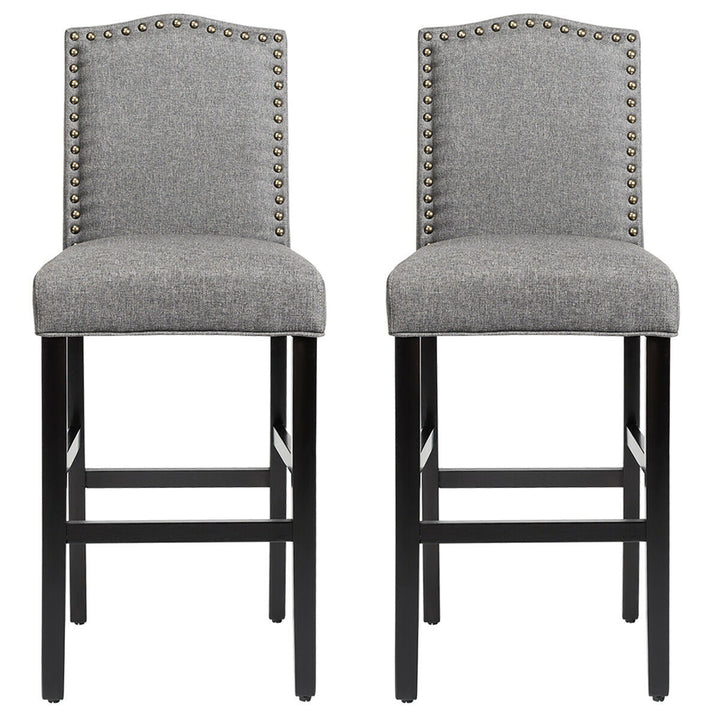 Set of 2 Bar Stools 30 Upholstered Kitchen Rubber Wood Full Back Chairs Gray Image 8