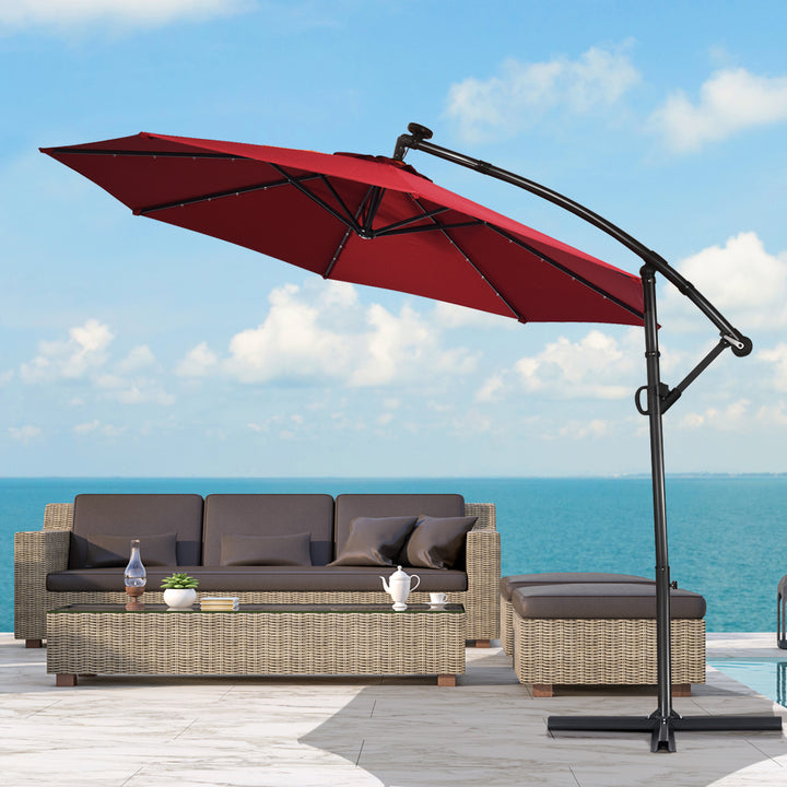 10FT Patio Offset Umbrella Solar LED 360degrees Rotation Burgundy Image 5