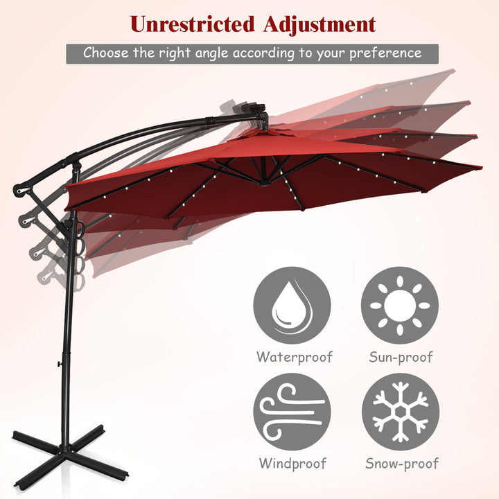 10FT Patio Offset Umbrella Solar LED 360degrees Rotation Burgundy Image 6