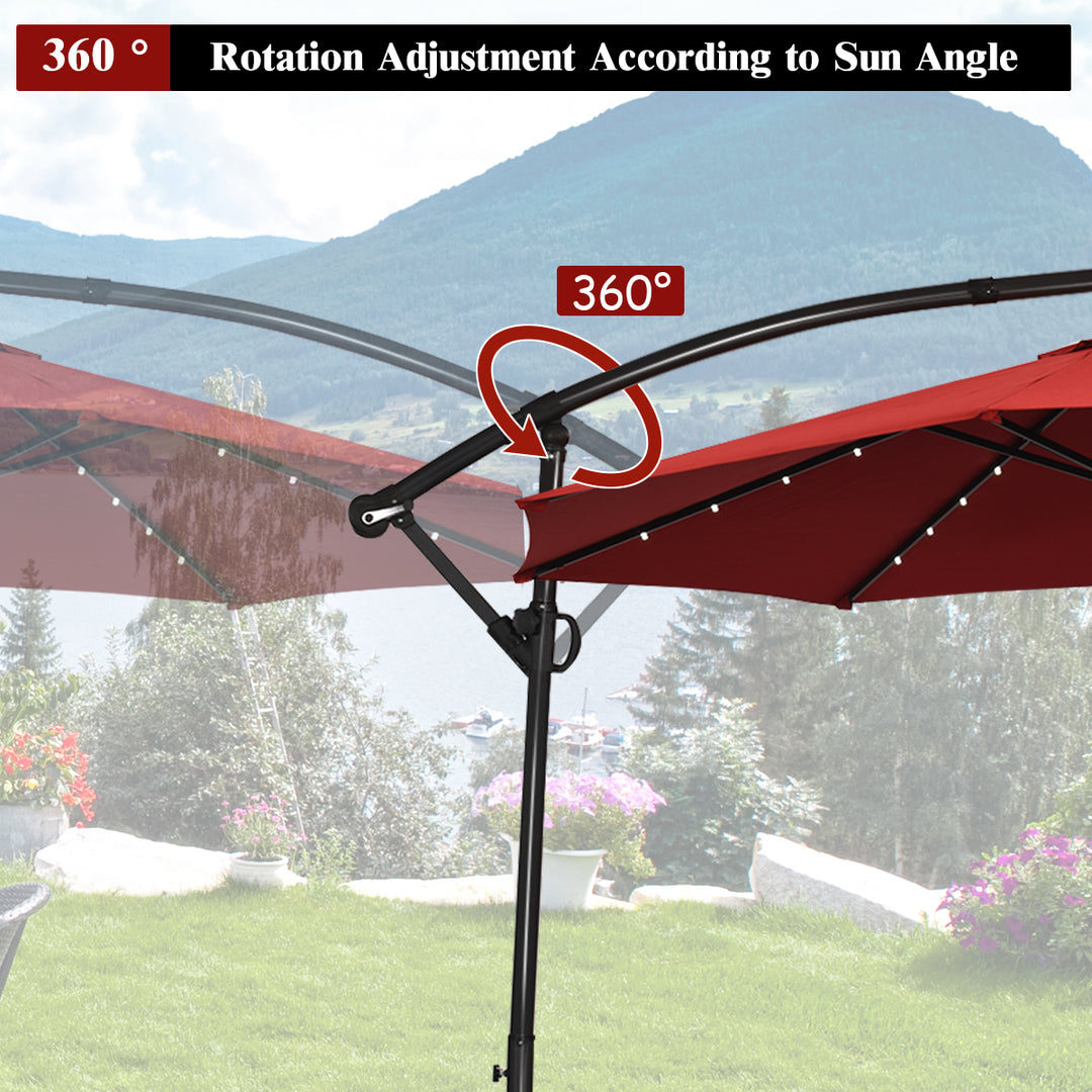 10FT Patio Offset Umbrella Solar LED 360degrees Rotation Burgundy Image 7