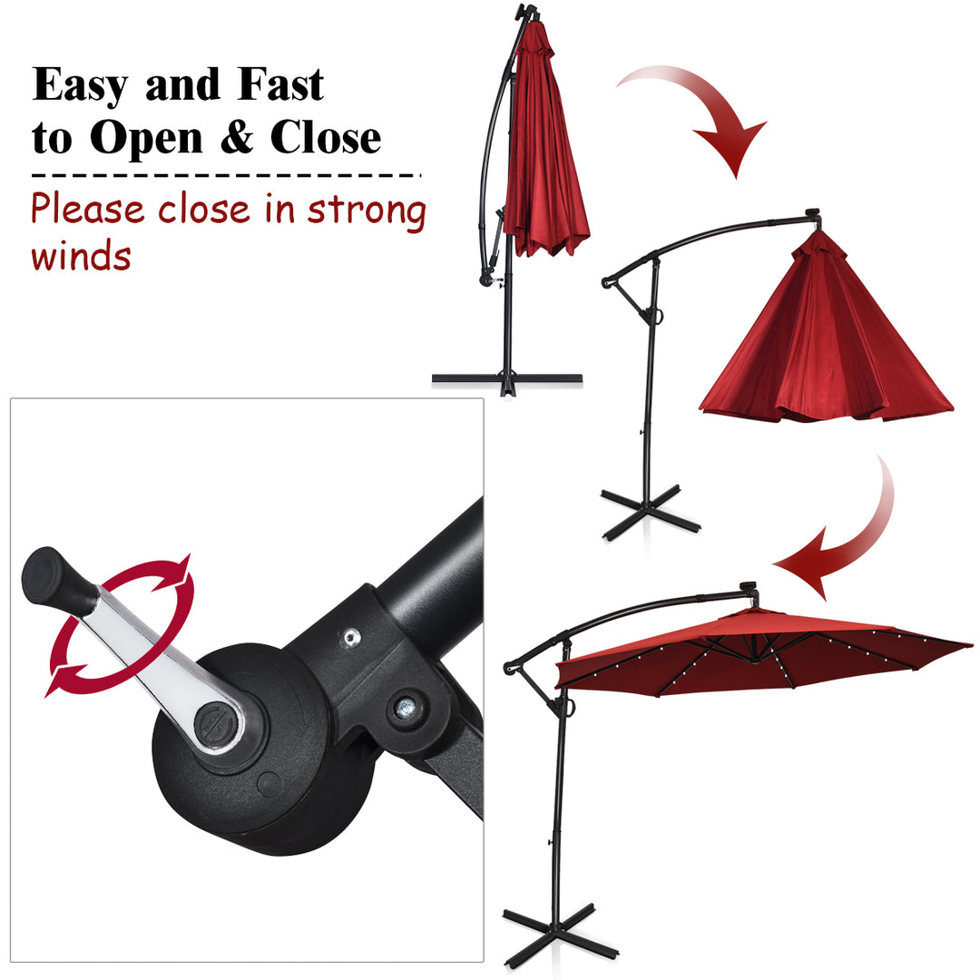 10FT Patio Offset Umbrella Solar LED 360degrees Rotation Burgundy Image 8