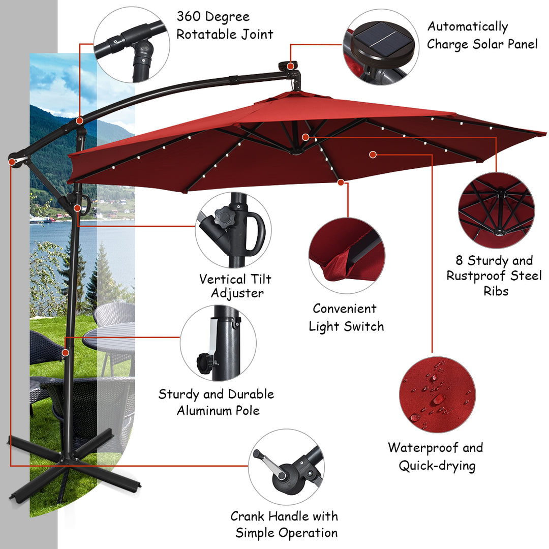 10FT Patio Offset Umbrella Solar LED 360degrees Rotation Burgundy Image 9