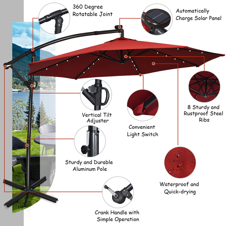 10FT Patio Offset Umbrella Solar LED 360degrees Rotation Burgundy Image 9