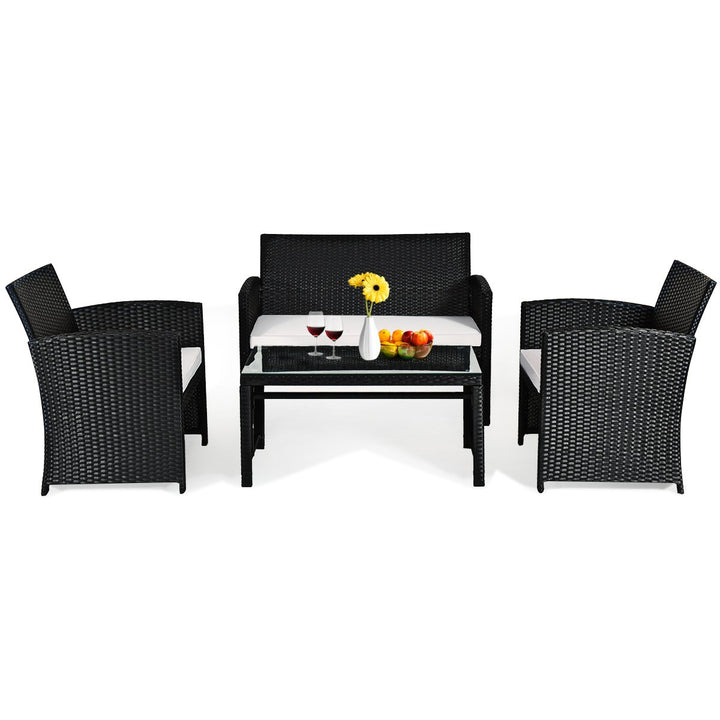 4PCS Outdoor Patio Rattan Furniture Conversation Set Cushioned Sofa Coffee Table Image 2