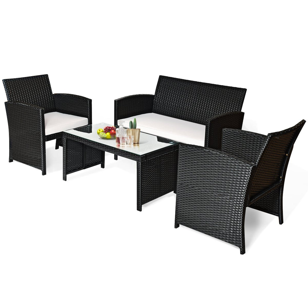 4PCS Outdoor Patio Rattan Furniture Conversation Set Cushioned Sofa Coffee Table Image 10