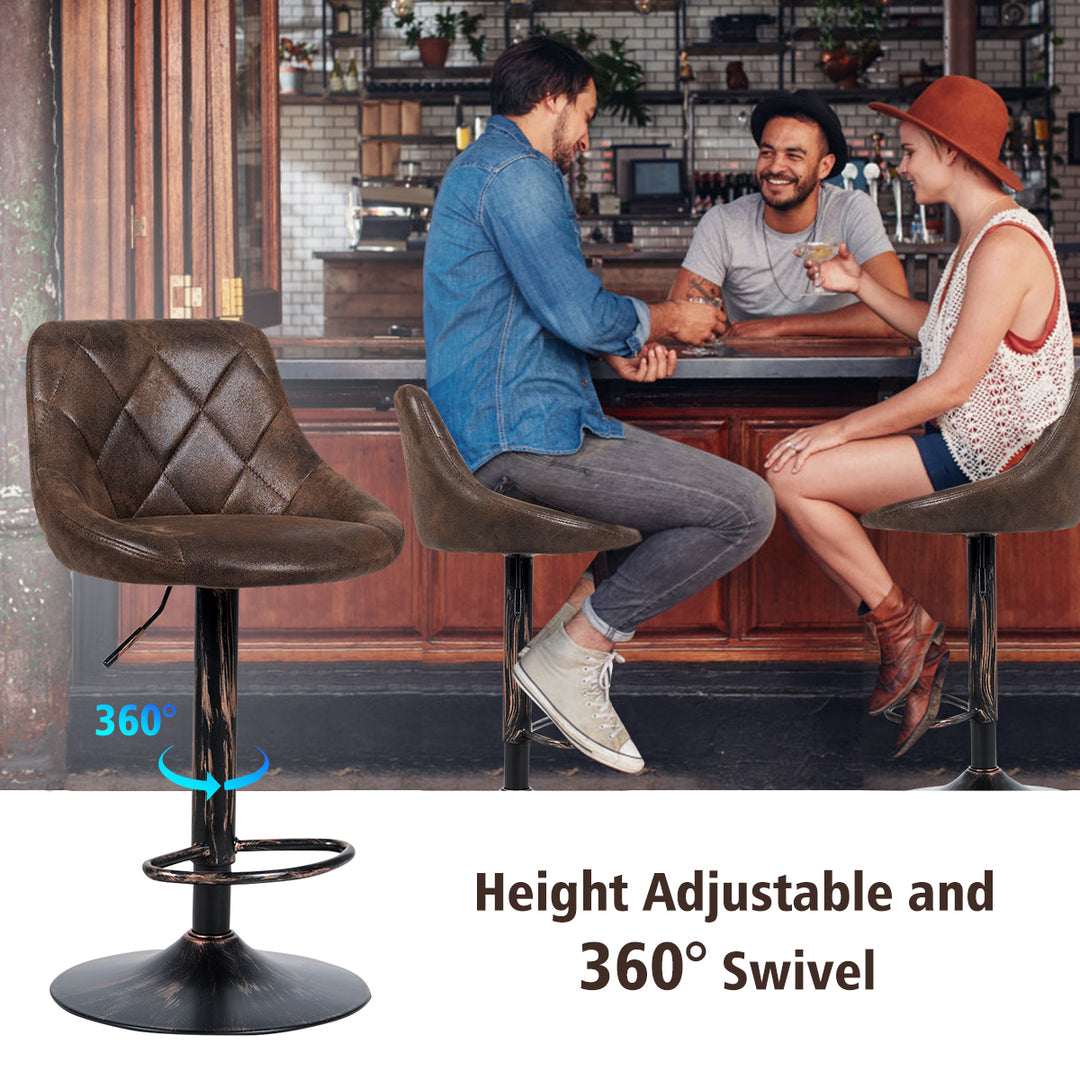 Set of 2 Adjustable Bar Stools Swivel Bar Chairs Hot-stamping Cloth Retro Brown Low Back Image 6