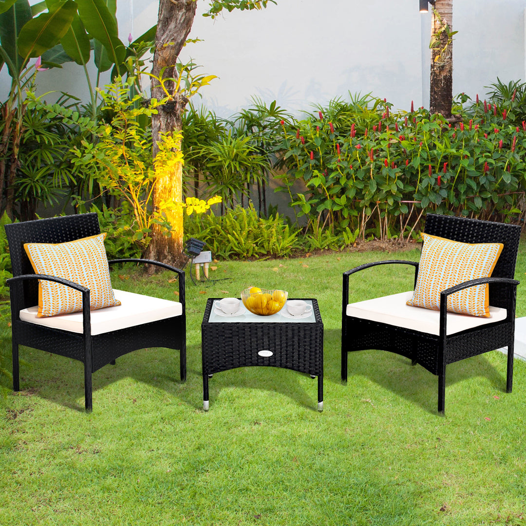 3 PCS Furniture Set Table and 2 Chair Patio Wicker Rattan W/Cushion Image 6