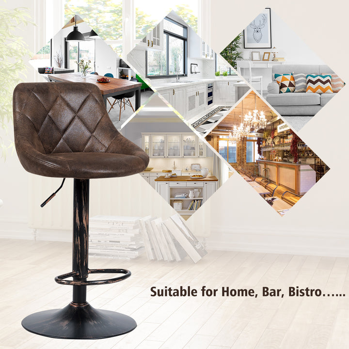 Set of 2 Adjustable Bar Stools Swivel Bar Chairs Hot-stamping Cloth Retro Brown Low Back Image 8