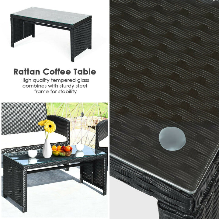 4PCS Patio Rattan Furniture Conversation Set Cushioned Sofa Table Garden Black Image 6