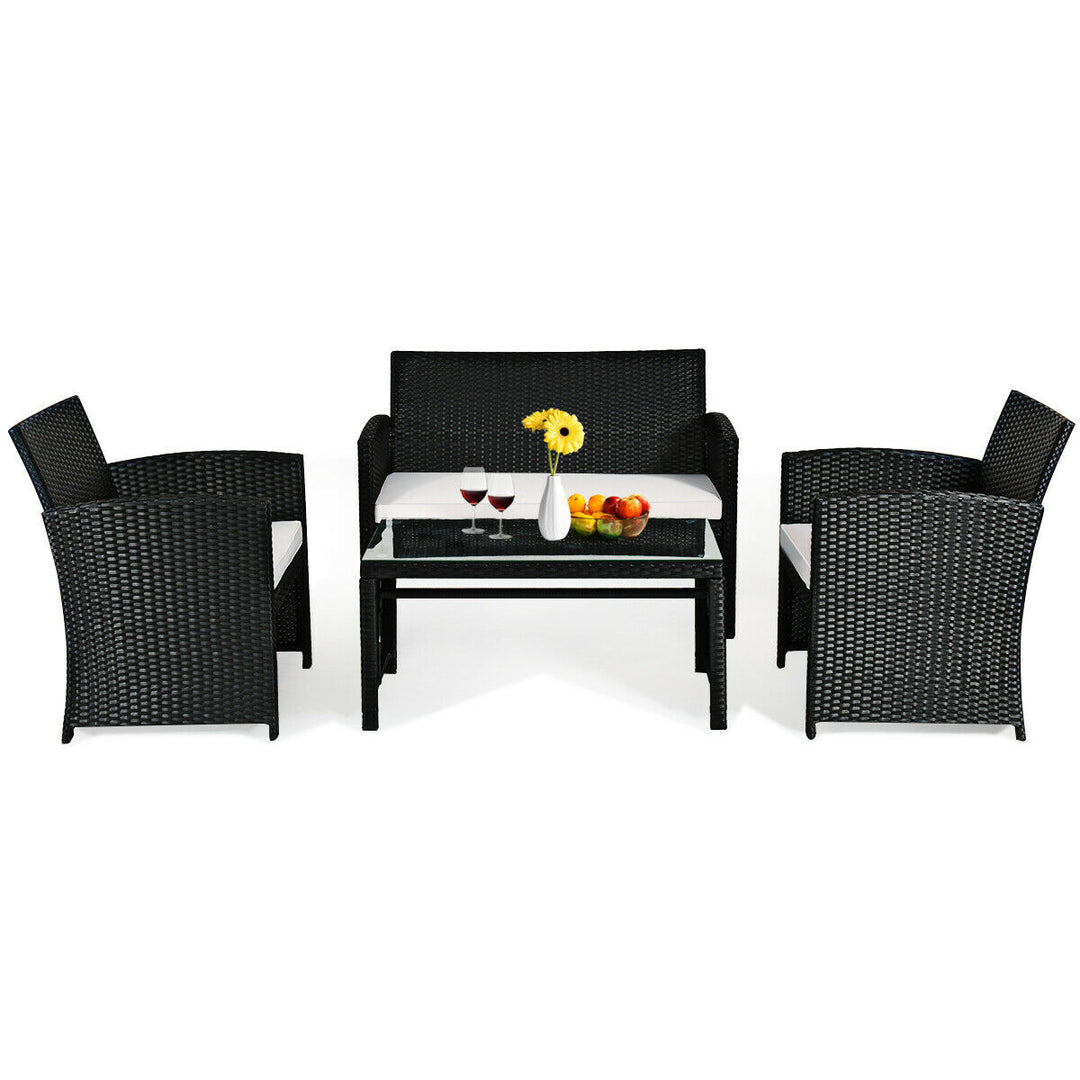 4PCS Patio Rattan Furniture Conversation Set Cushioned Sofa Table Garden Black Image 8