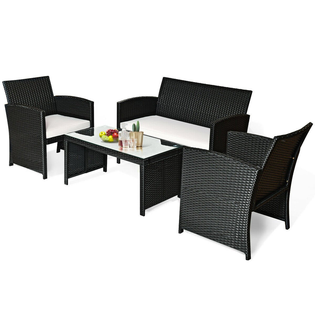 4PCS Patio Rattan Furniture Conversation Set Cushioned Sofa Table Garden Black Image 10