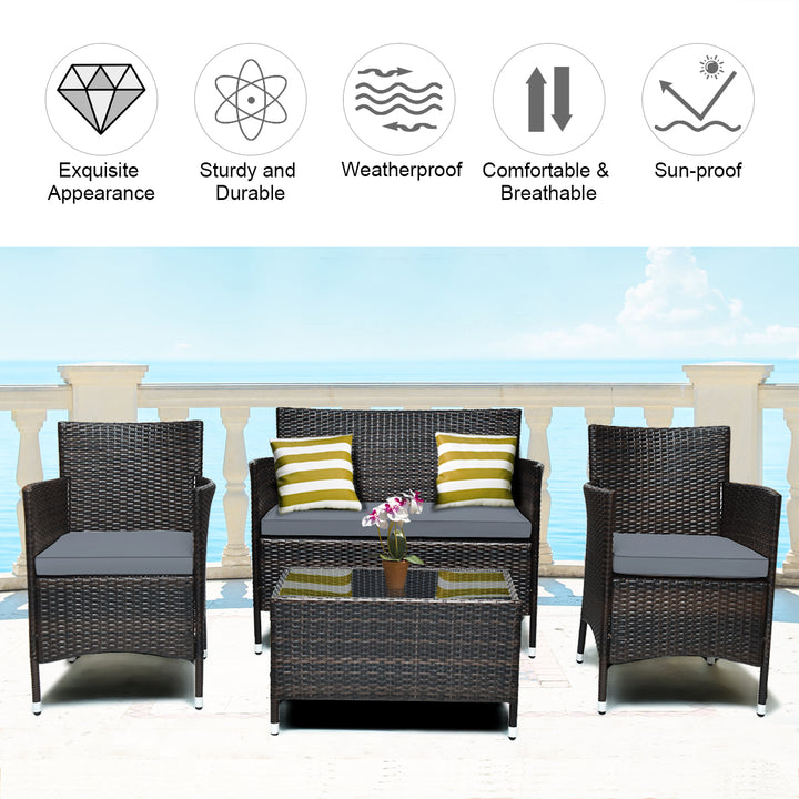 4 PCS Outdoor Patio Rattan Furniture Set Table Shelf Sofa W/ Gray Cushions Image 6