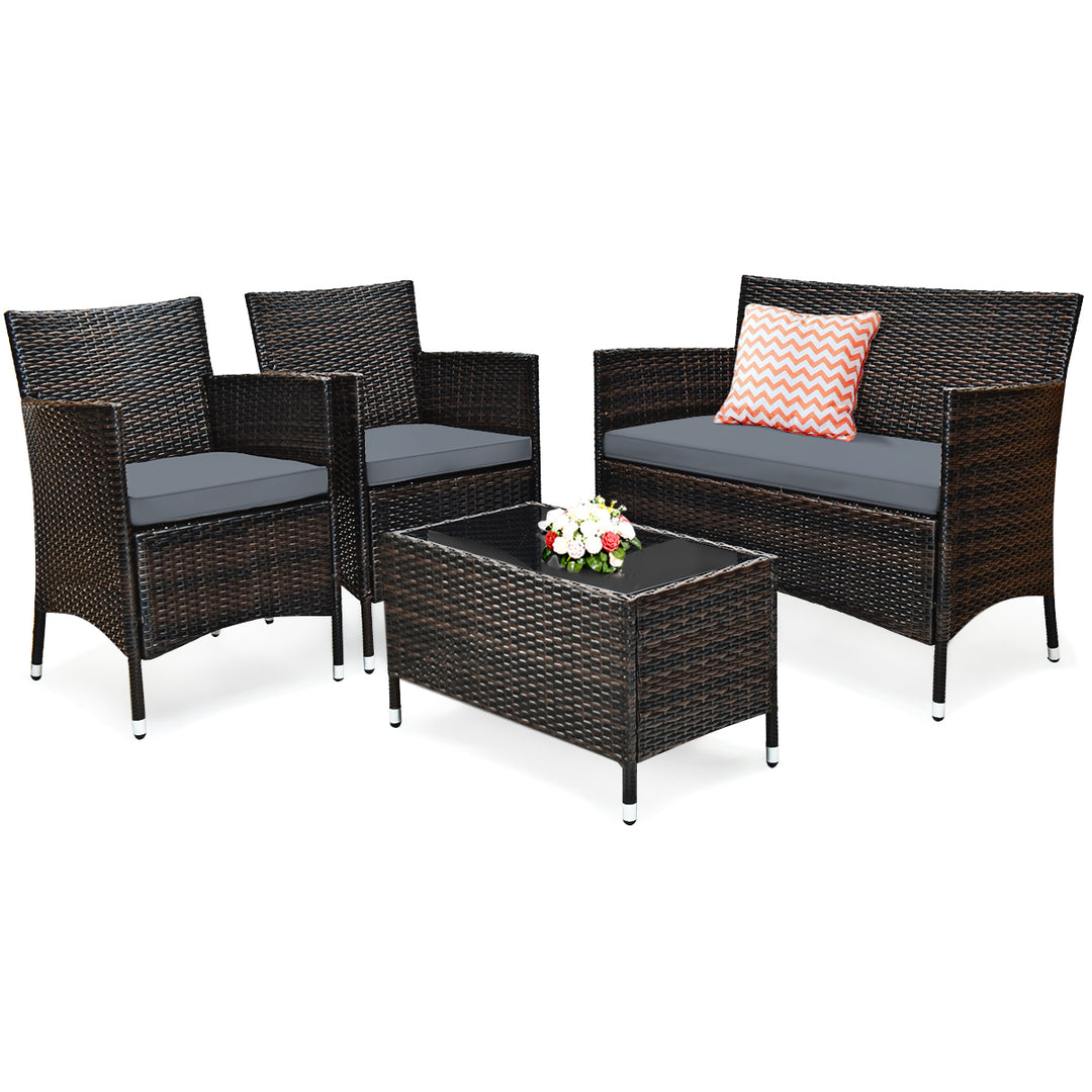 4 PCS Outdoor Patio Rattan Furniture Set Table Shelf Sofa W/ Gray Cushions Image 10