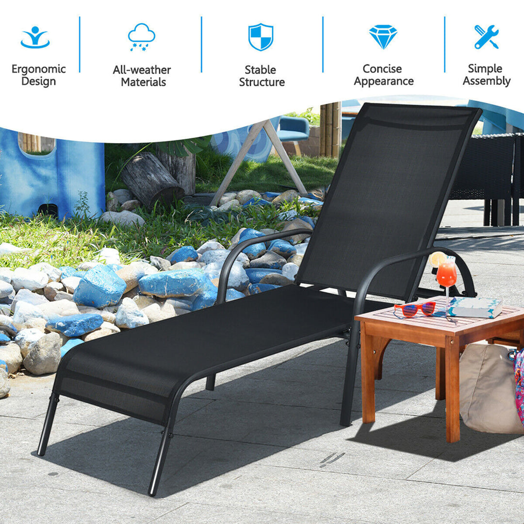 Patio Chaise Lounge Outdoor Folding Recliner Chair w/ Adjustable Backrest Black Image 7