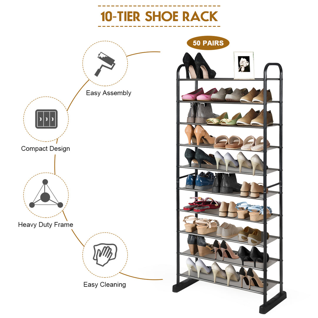 10-Tier Shoe Rack Space-saving Shoe Organizer W/Metal Frame Shoe Tower Image 7