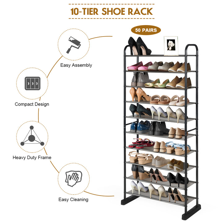 10-Tier Shoe Rack Space-saving Shoe Organizer W/Metal Frame Shoe Tower Image 7