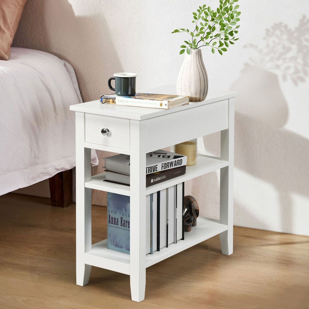 3 Tier Nightstand Bedside Table Sofa Side End Table w/Double Shelves Drawer White Image 2